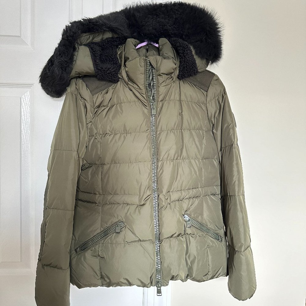 Coach puffer jacket with detachable real shearling hood